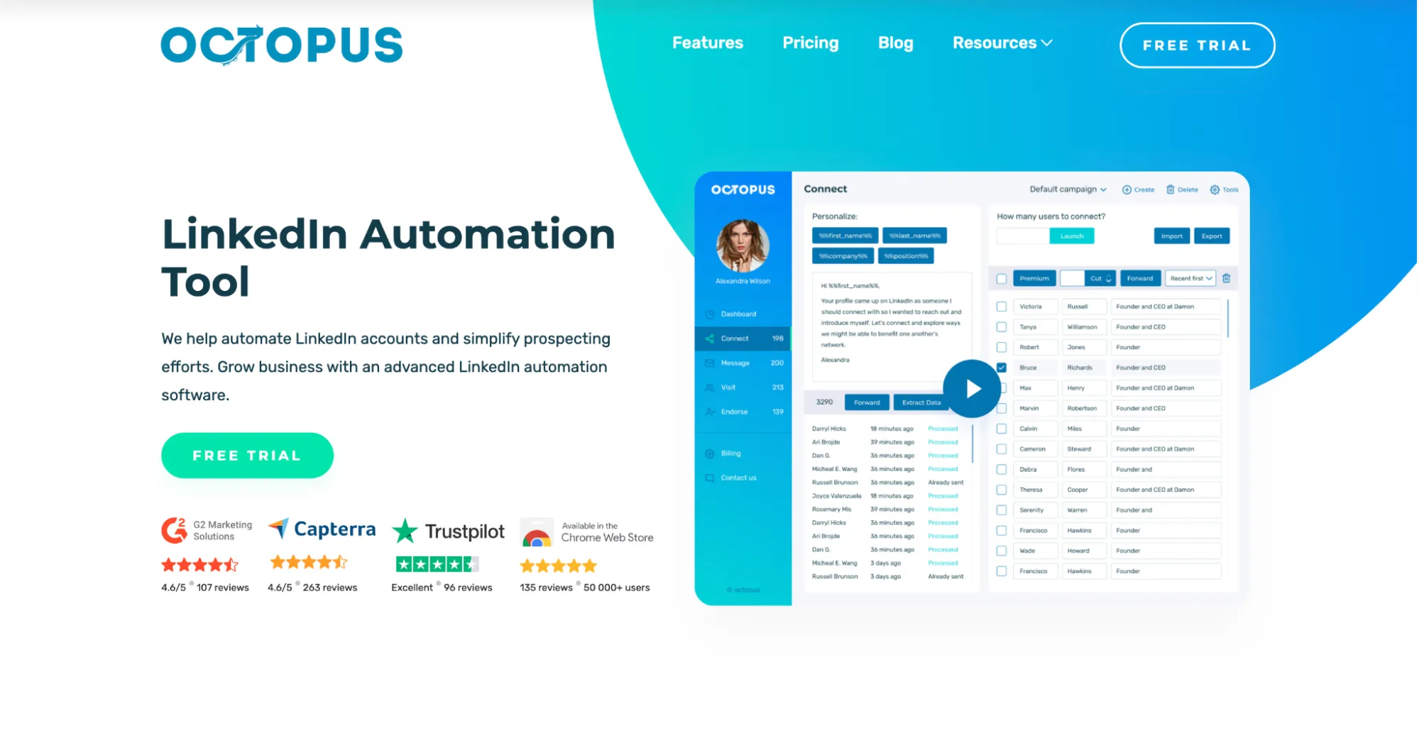 Página inicial do Octopus CRM que apresenta a sua plataforma de automatização da prospeção no LinkedIn.
