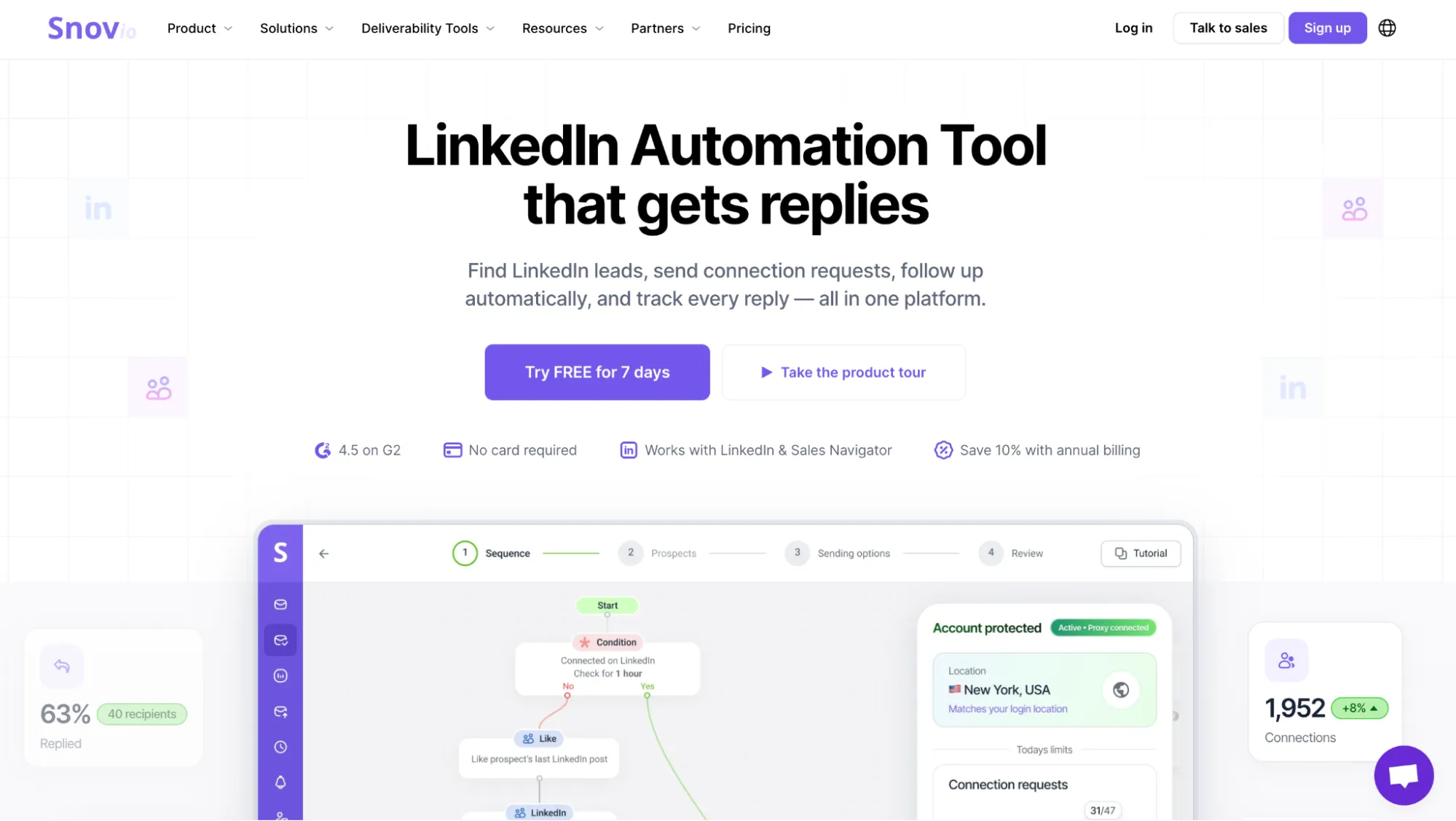 Página inicial do Snov.io que apresenta a sua plataforma de automatização da prospeção no LinkedIn.