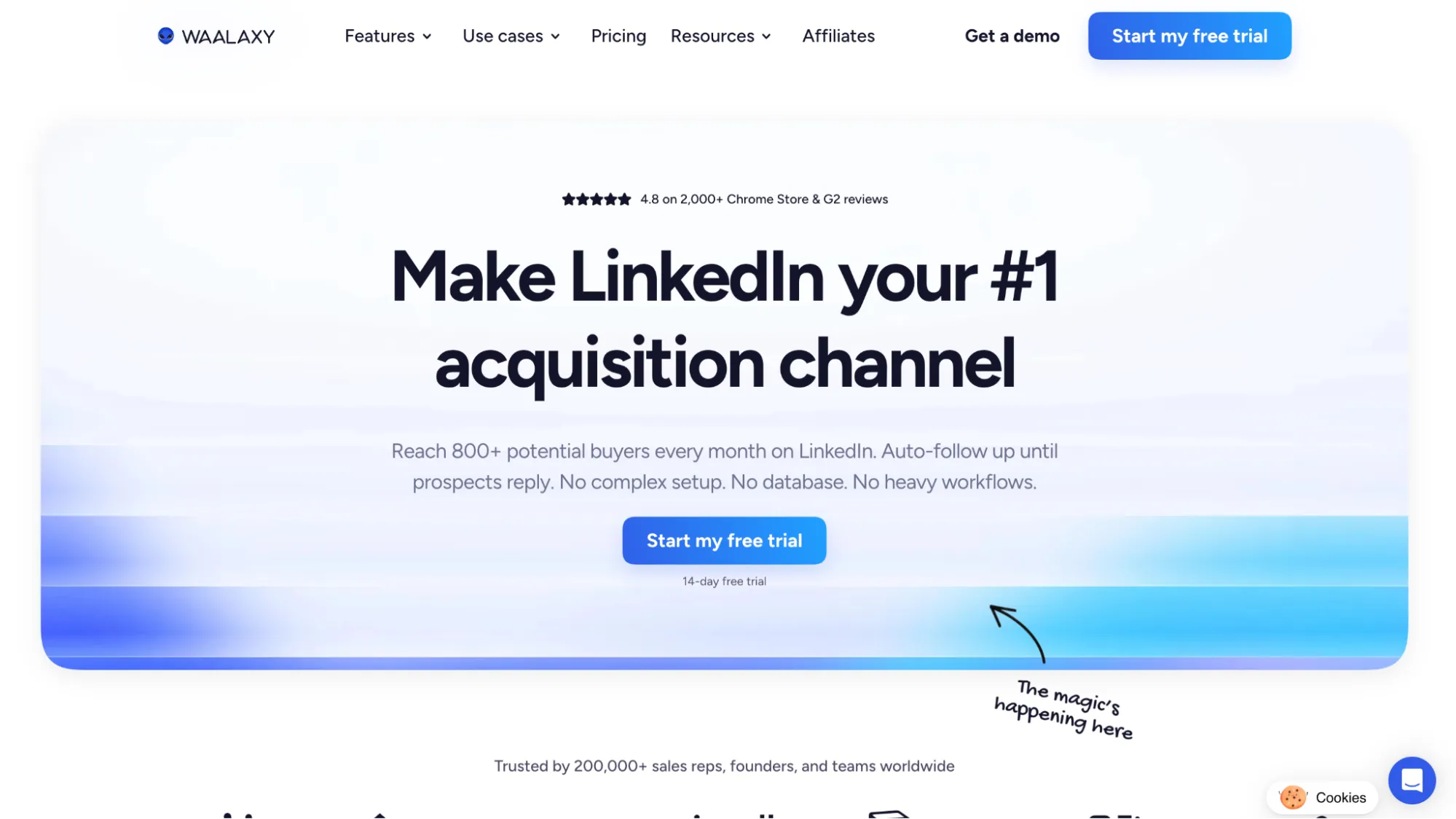 Página inicial do Waalaxy que apresenta a sua plataforma de automatização da prospeção no LinkedIn.