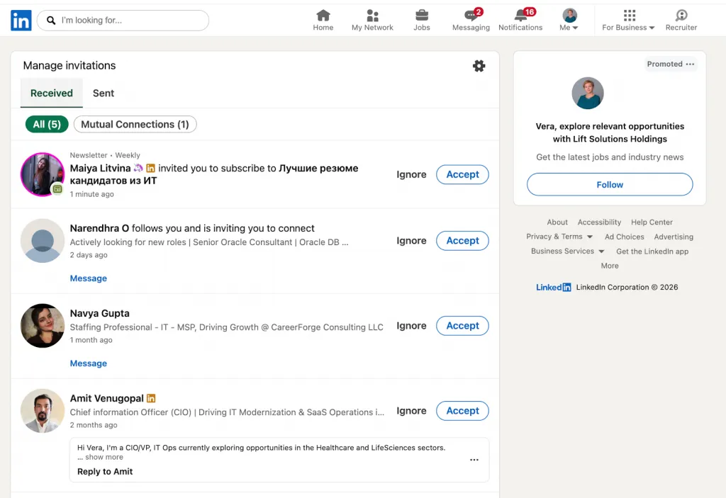 demandes de connexion LinkedIn reçues et encore en attente