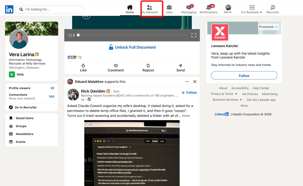 onglet My Network donnant accès aux demandes de connexion LinkedIn en attente