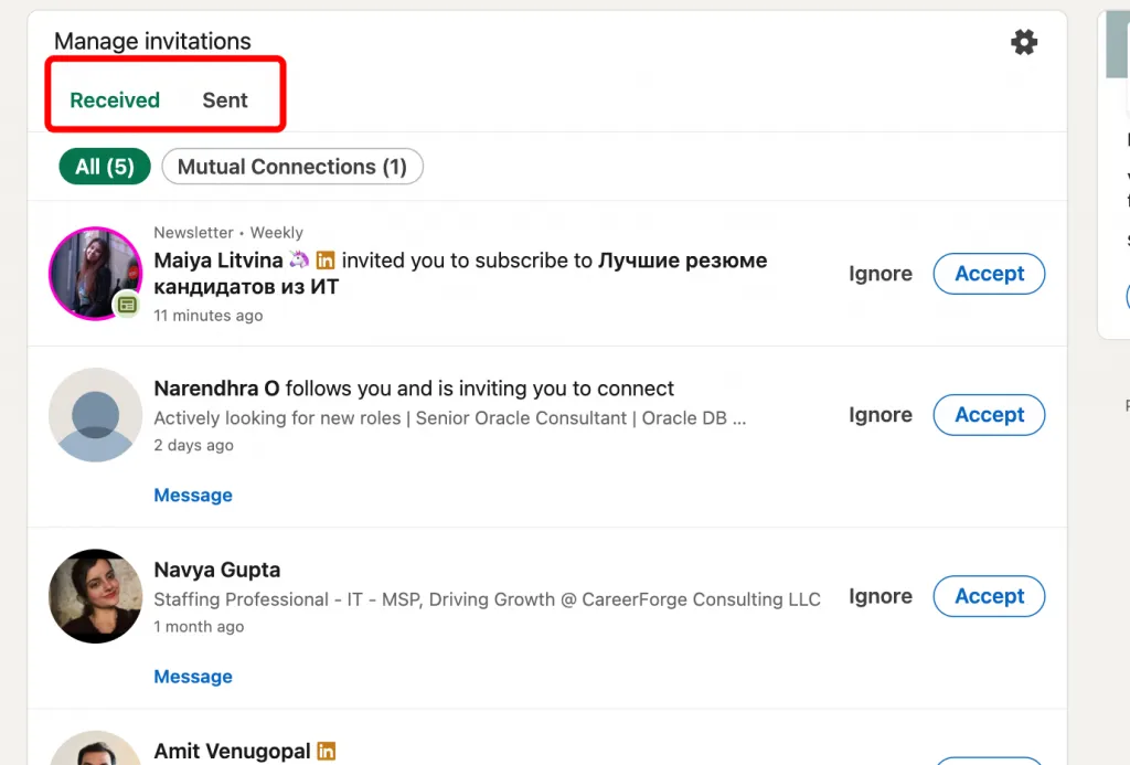 onglets de gestion des invitations LinkedIn