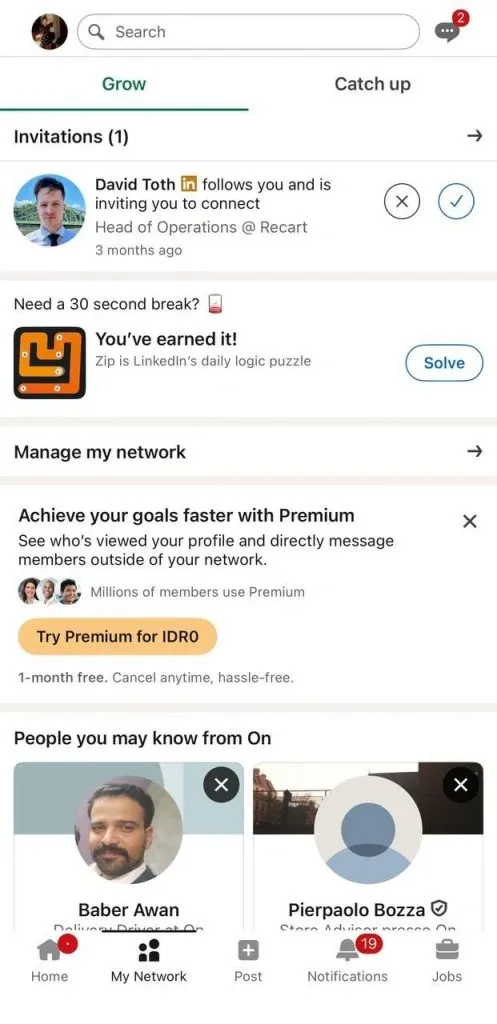 icône Network donnant accès aux invitations LinkedIn dans l’application mobile