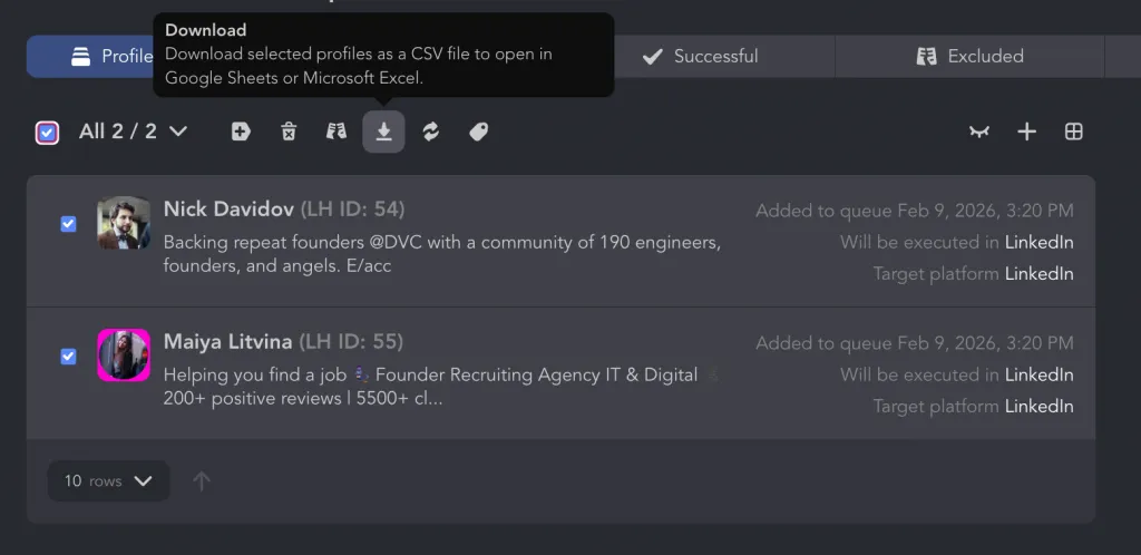 page de téléchargement des contacts dans Linked Helper