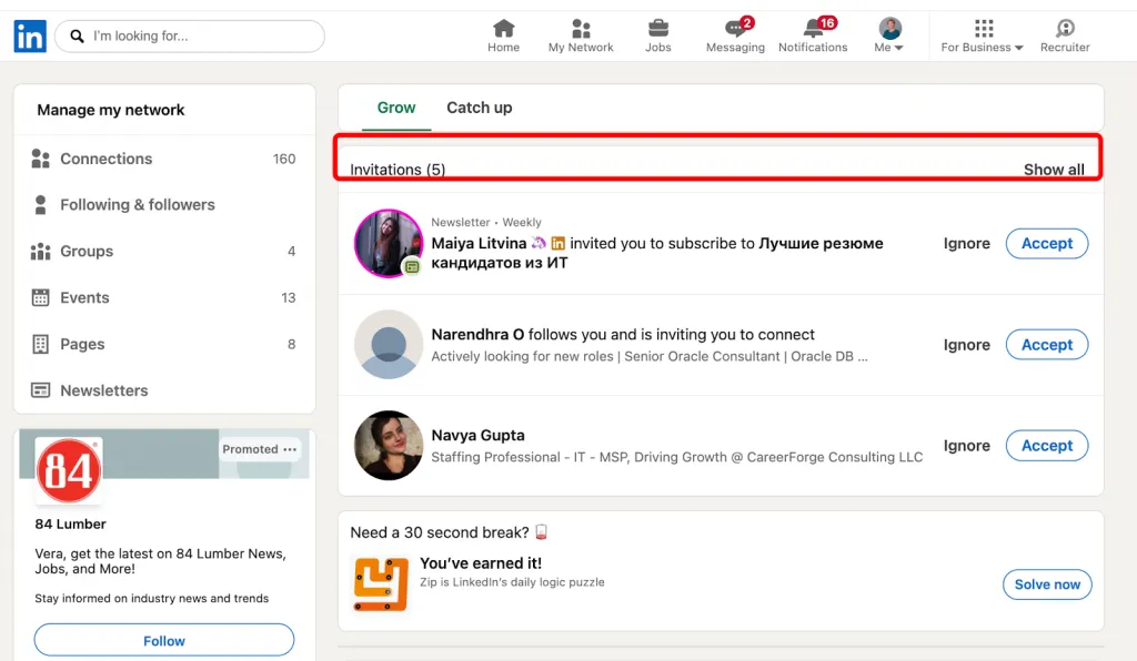 option Show all sur la page de gestion du réseau