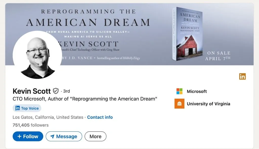 Utiliser LinkedIn pour développer sa marque personnelle – exemple de l’image principale de Kevin Scott