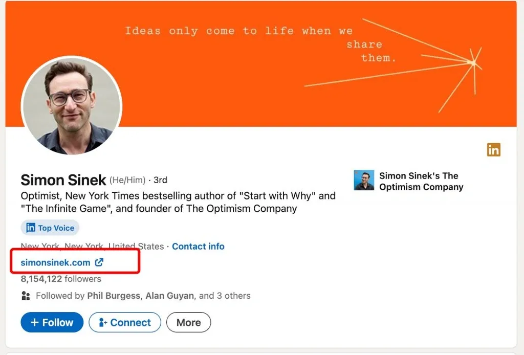 Utiliser LinkedIn pour développer sa marque personnelle – exemple de l’image principale de Simon Sinek