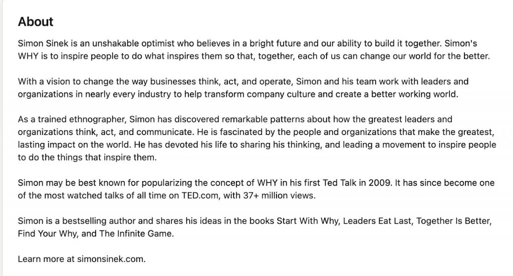 Utiliser LinkedIn pour développer sa marque personnelle – section « Infos » de Simon Sinek.