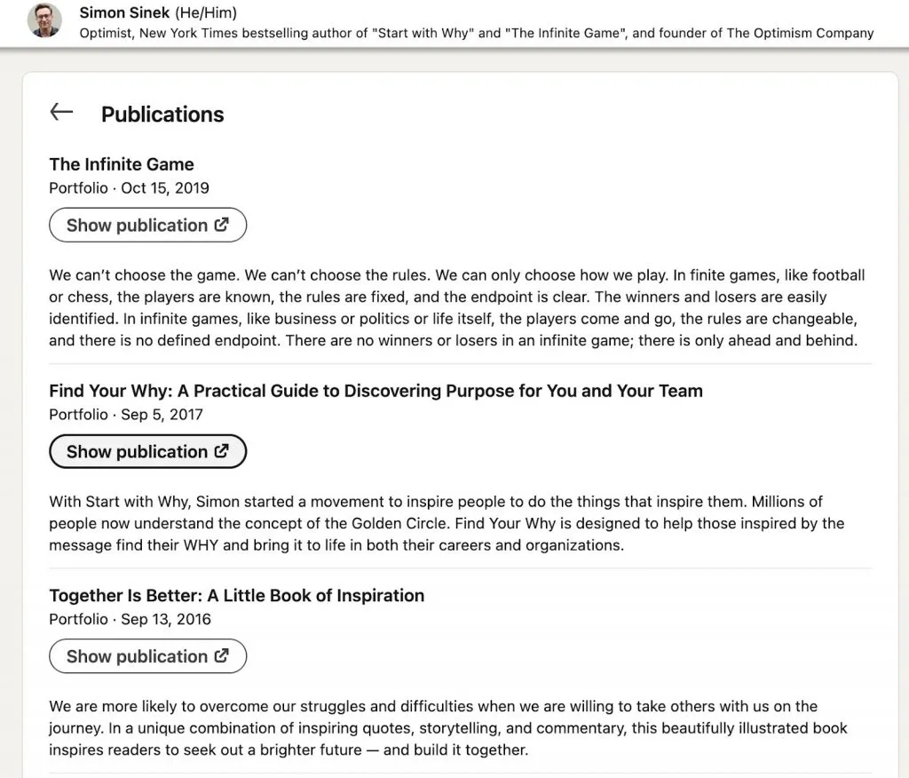 Utiliser LinkedIn pour développer sa marque personnelle – exemple de section consacrée aux publications