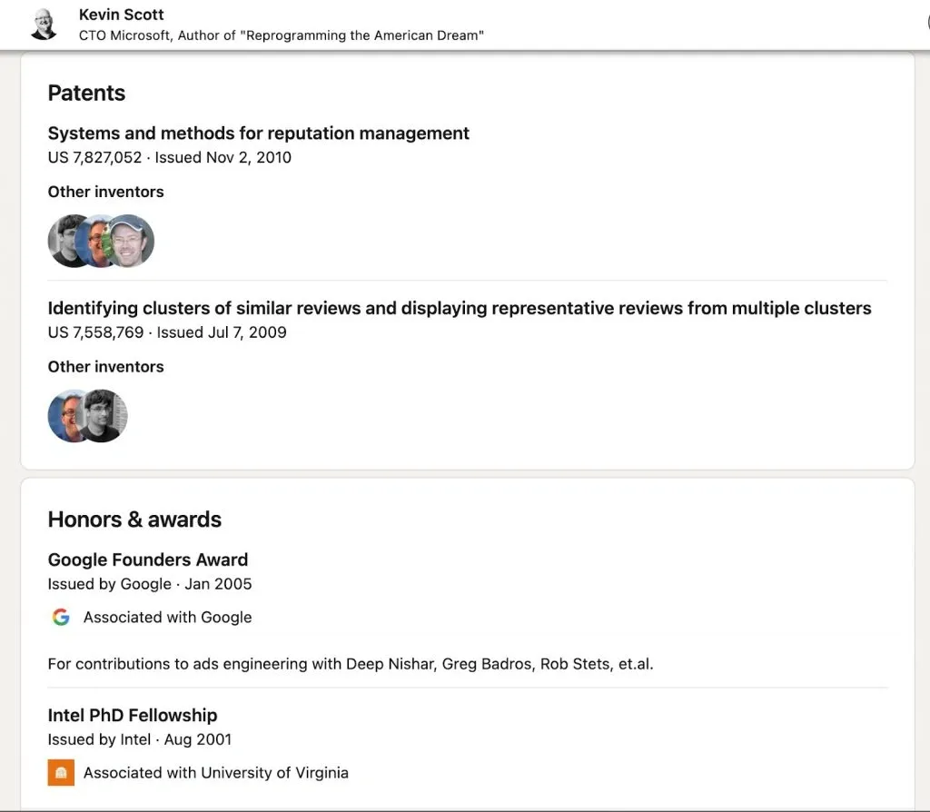 Utiliser LinkedIn pour développer sa marque personnelle – exemples de brevets et de récompenses dans un profil