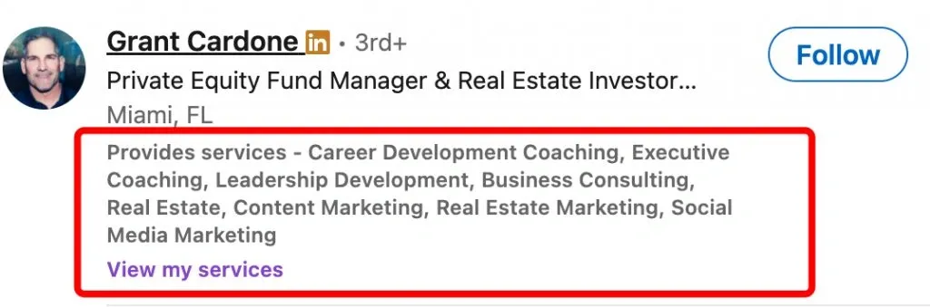 Utiliser LinkedIn pour développer sa marque personnelle – exemple d’utilisation de la section consacrée aux services