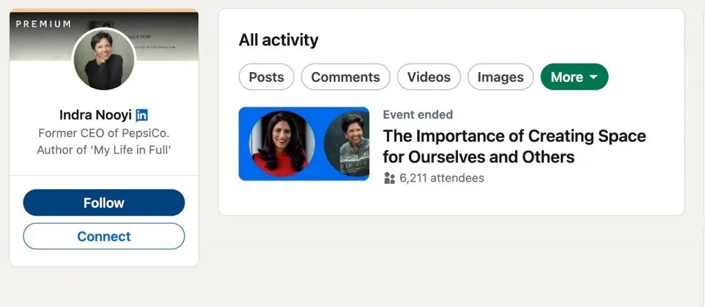 Utiliser LinkedIn pour développer sa marque personnelle – capture d’écran de la page des événements