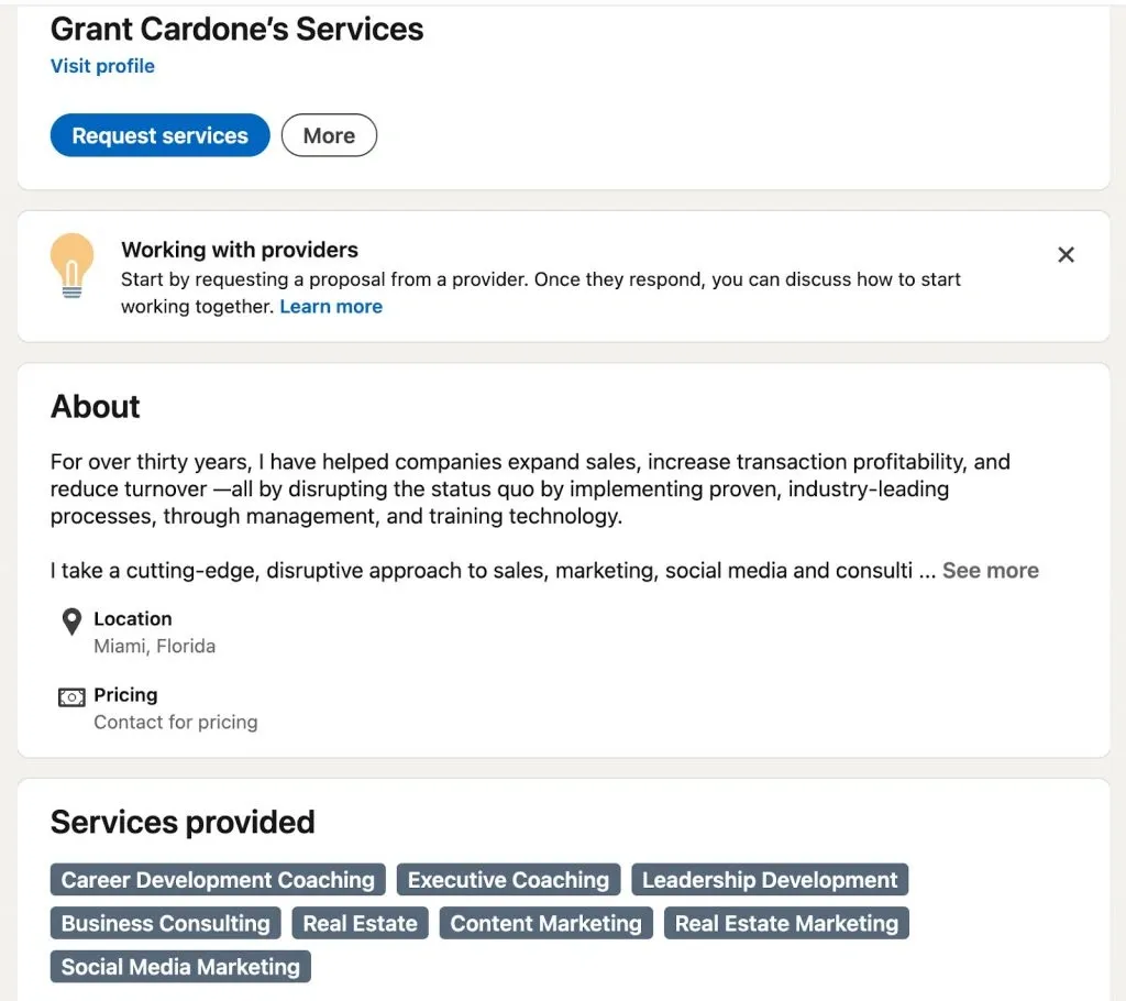 Utiliser LinkedIn pour développer sa marque personnelle – profil dont les services sont renseignés