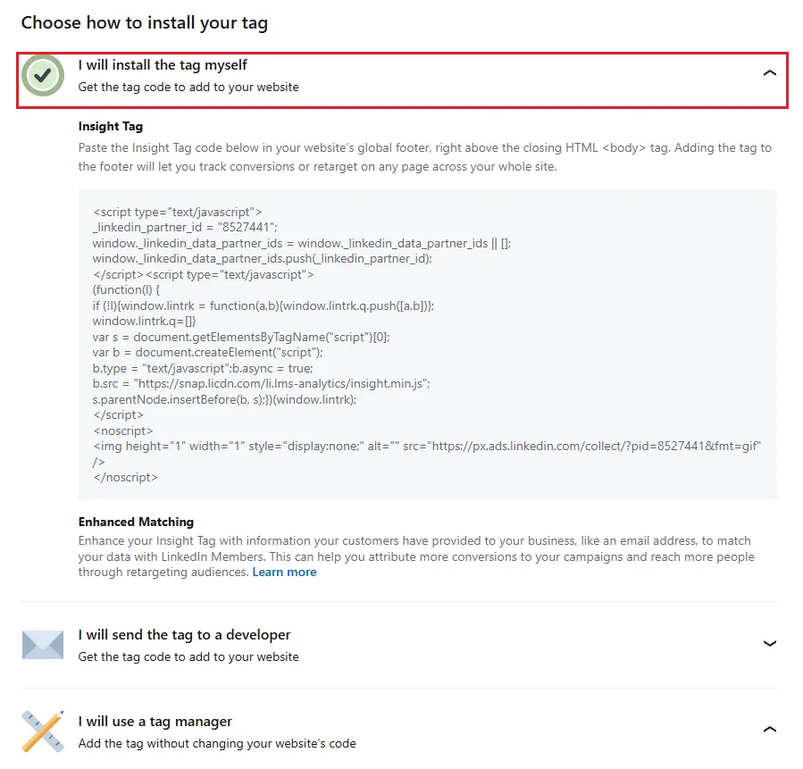 LinkedIn Pixel Setup Interface Part 2