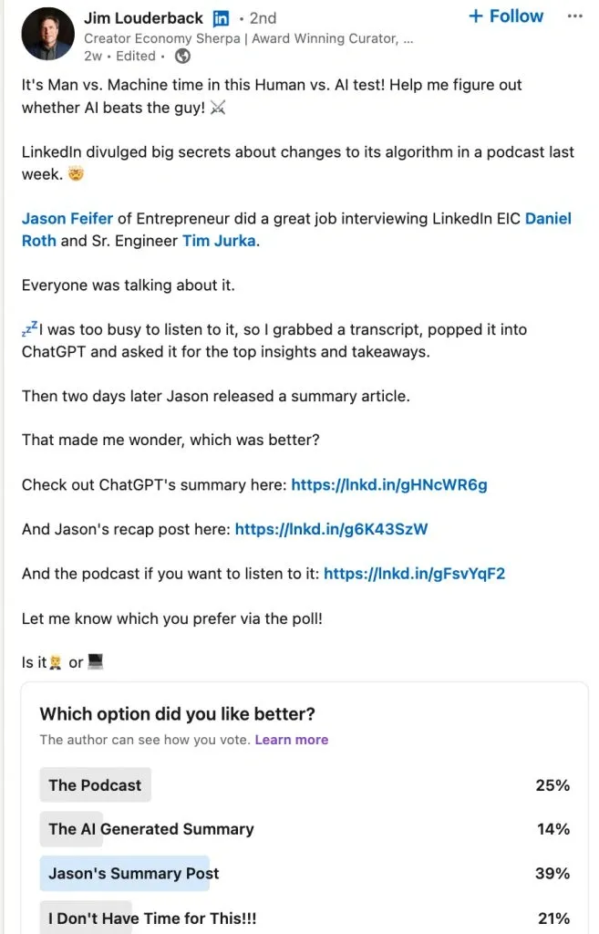 LinkedIn-Umfragen zur Leadgenerierung – Screenshot eines Beitrags, der zum Anhören eines Podcasts führt