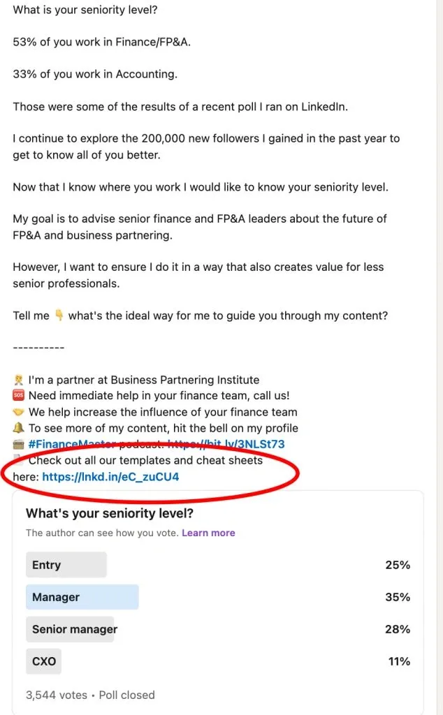 LinkedIn-Umfragen zur Leadgenerierung – Screenshot eines Beitrags, der zu herunterladbaren Materialien führt