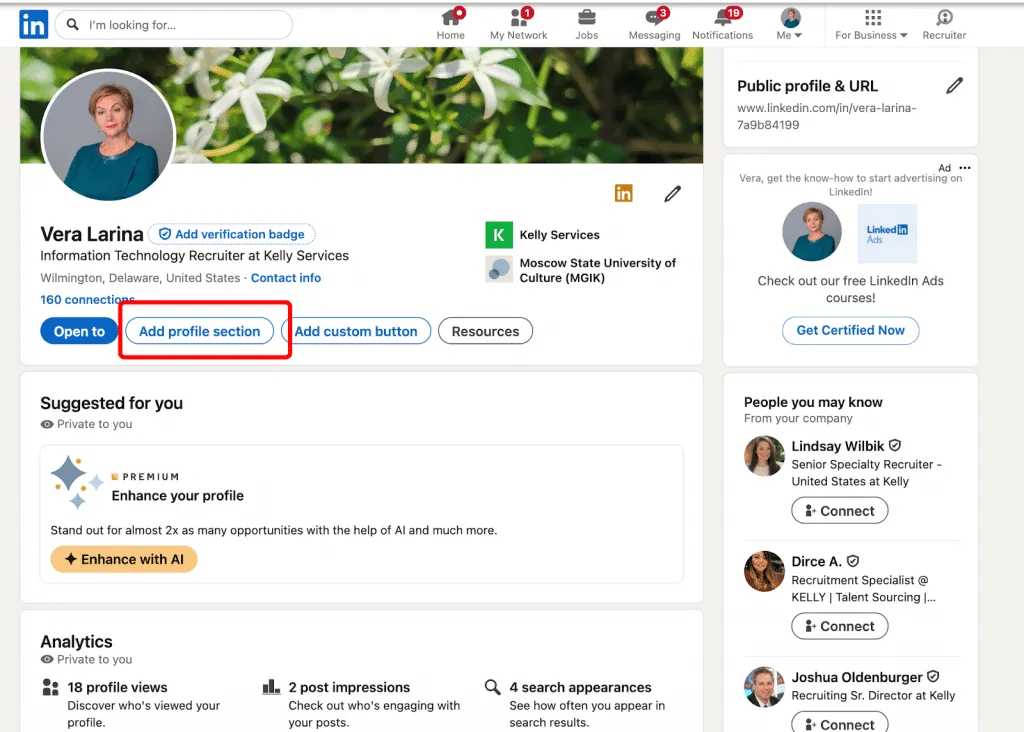 Bearbeitung eines LinkedIn-Profils, Einrichtung eines professionellen Portfolios