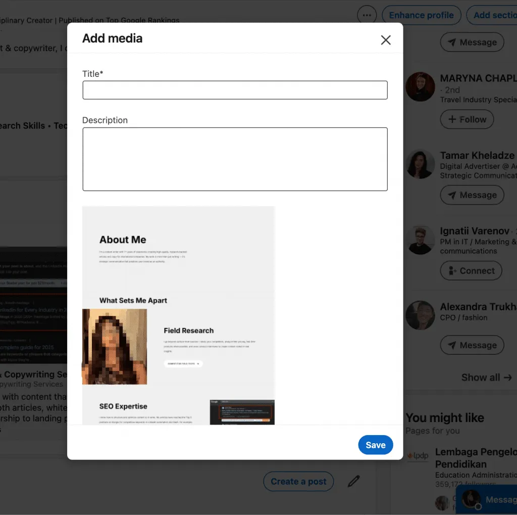 Portfolio auf LinkedIn hochladen, PDF-Datei auf LinkedIn
