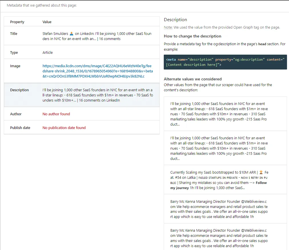 LinkedIn Post Inspector mit einer Linkvorschau, in der Informationen zum Link fehlen.