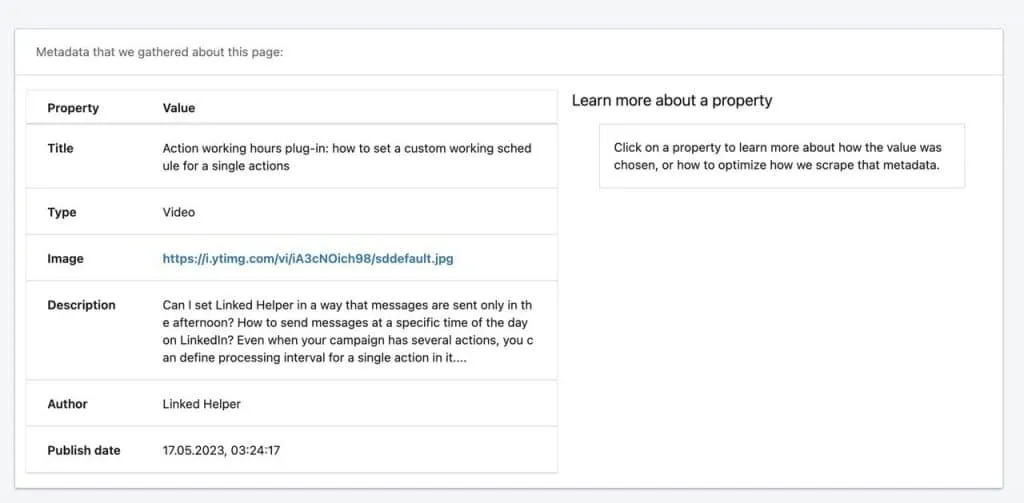LinkedIn Post Inspector mit einem Beispiel für die Metadaten einer verlinkten Seite.
