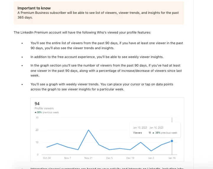 Possibilité de consulter les visites du profil et les données associées des 365 derniers jours avec LinkedIn Premium Business