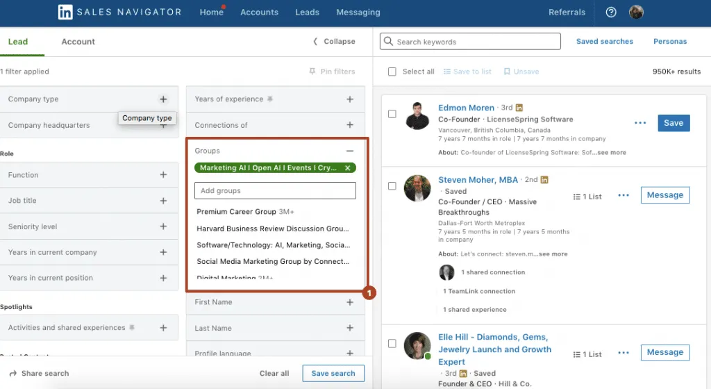 Capture d’écran du filtrage par groupes dans LinkedIn Sales Navigator