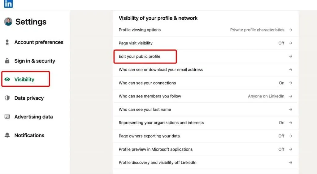 Modo privado do LinkedIn - Editar o seu perfil público