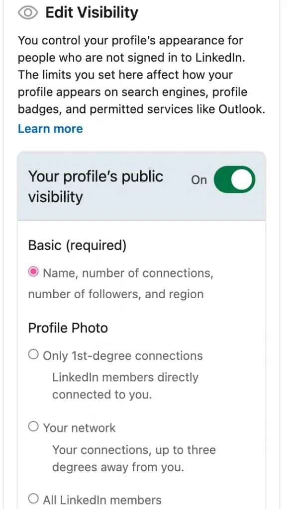 Modo privado do LinkedIn - Editar o seu perfil público, definições dos blocos