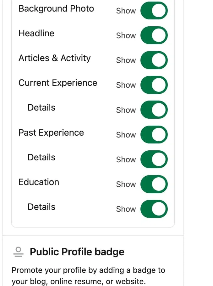 Modo privado do LinkedIn - Editar o seu perfil público, definições dos blocos
