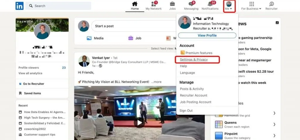 Modo privado do LinkedIn - definições do perfil