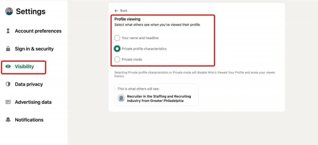 Modo privado do LinkedIn - visibilidade