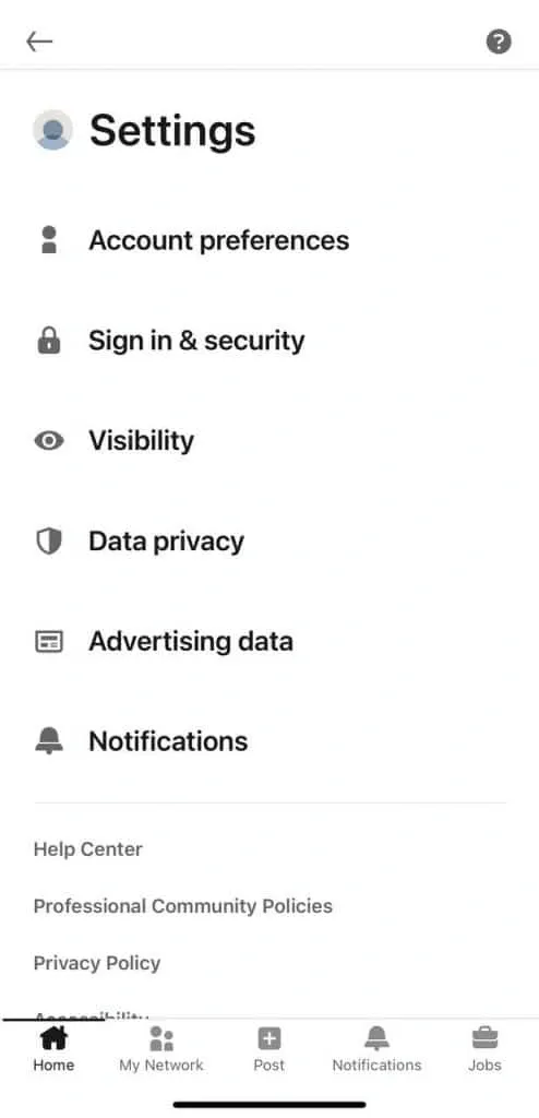 Opções do menu do LinkedIn privado no telemóvel