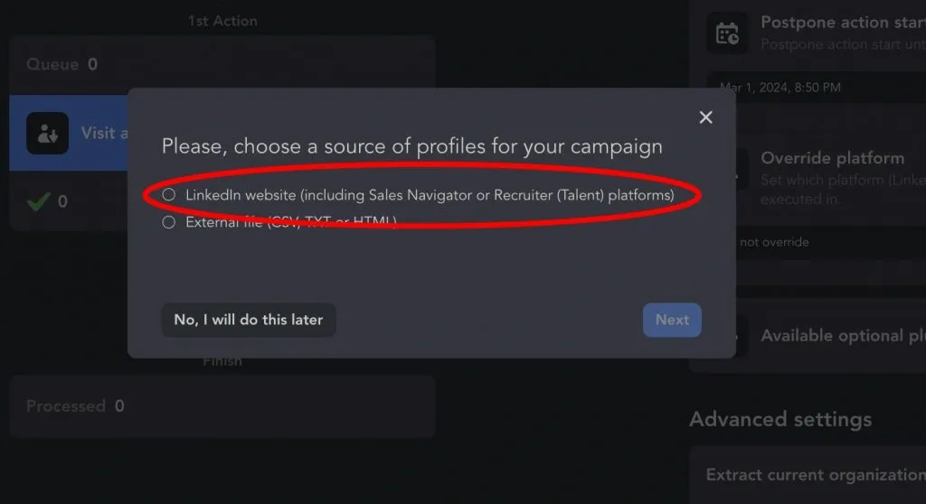 Erstellen einer Kampagne in Linked Helper und Auswählen einer Quelle.