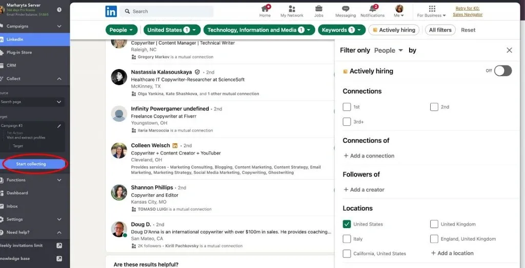 Erstellen einer Kampagne in Linked Helper und Auswählen von Filtern für die Profilerfassung.