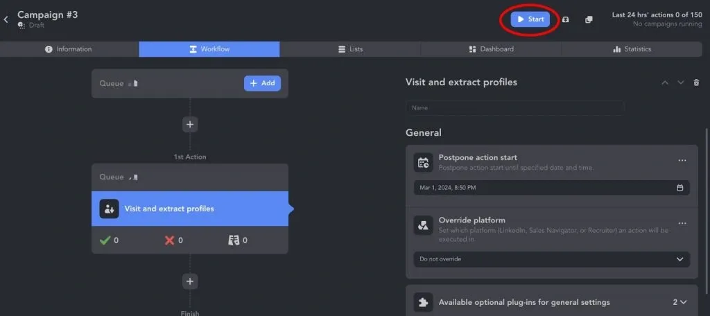 Erstellen einer Kampagne in Linked Helper und Starten der Kampagne.