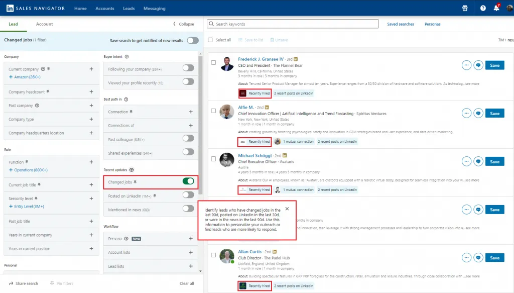 Der Filter „Changed jobs in last 90 days“ in Sales Navigator