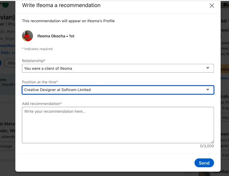cómo escribir una recomendación en LinkedIn: añadir texto al campo