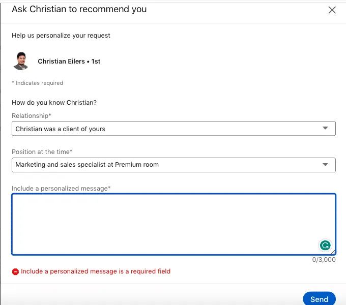 cómo escribir una recomendación en LinkedIn: incluir el campo del mensaje