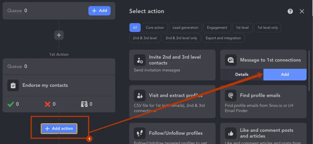 cómo escribir automáticamente una recomendación en LinkedIn: añadir una acción en las herramientas de automatización