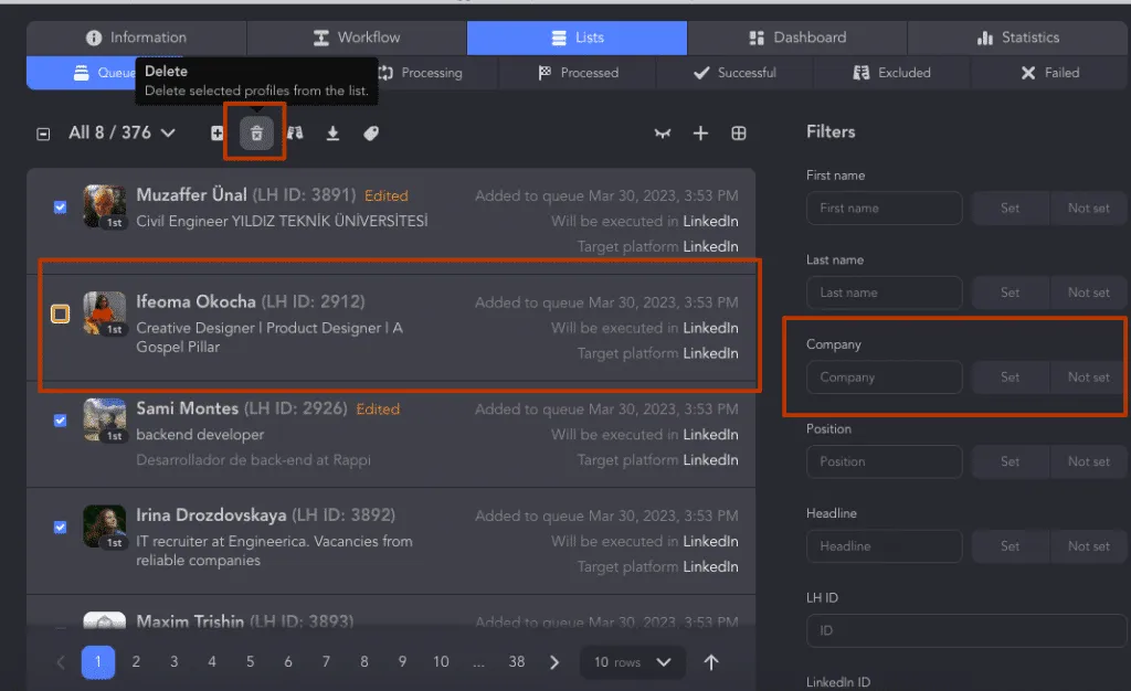 cómo escribir una recomendación en LinkedIn: uso de filtros en Linked Helper