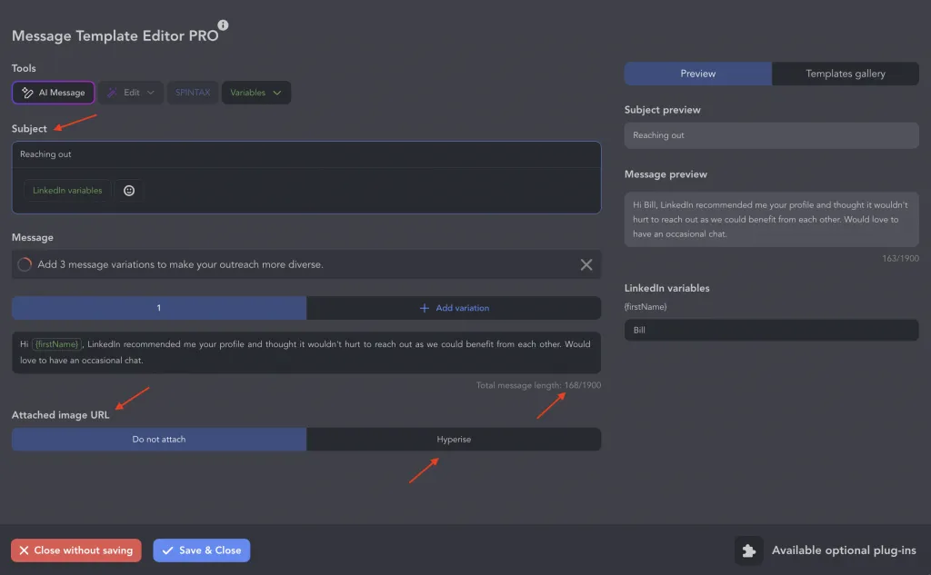 Éditeur de modèles de messages Linked Helper pour l’envoi d’InMails en masse dans LinkedIn Recruiter — objet, corps du message avec « Message variants », Spintax, message généré par l’AI et ajout d’une image