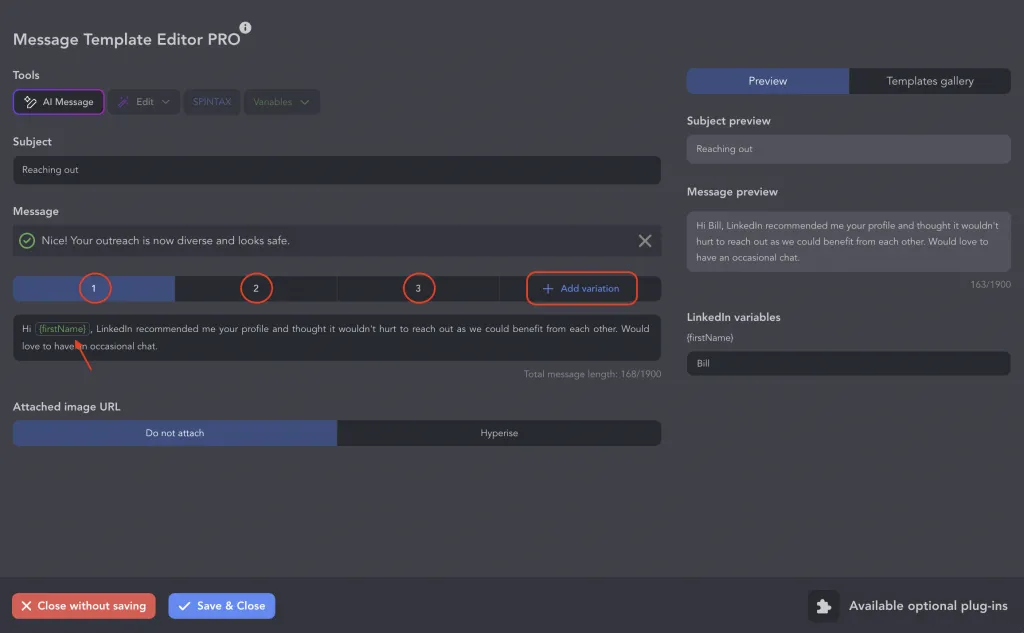 Éditeur de modèles de messages Linked Helper avec « Message variants » et variables de personnalisation pour l’envoi d’InMails en masse