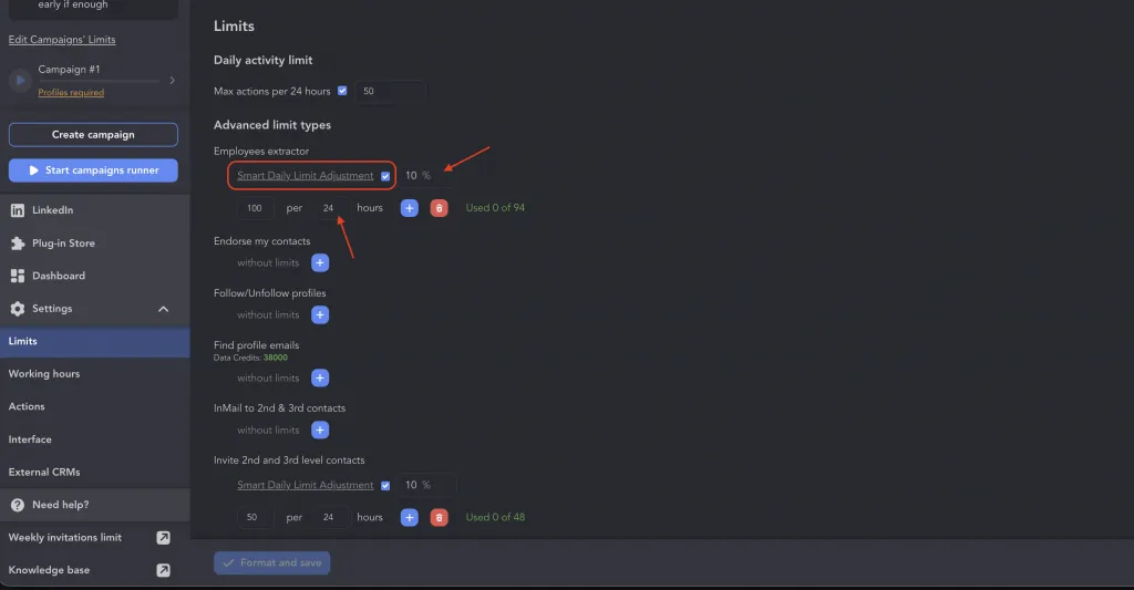 Paramètres « Smart Daily Limit Adjustment » de Linked Helper faisant varier le volume quotidien d’envoi d’InMails