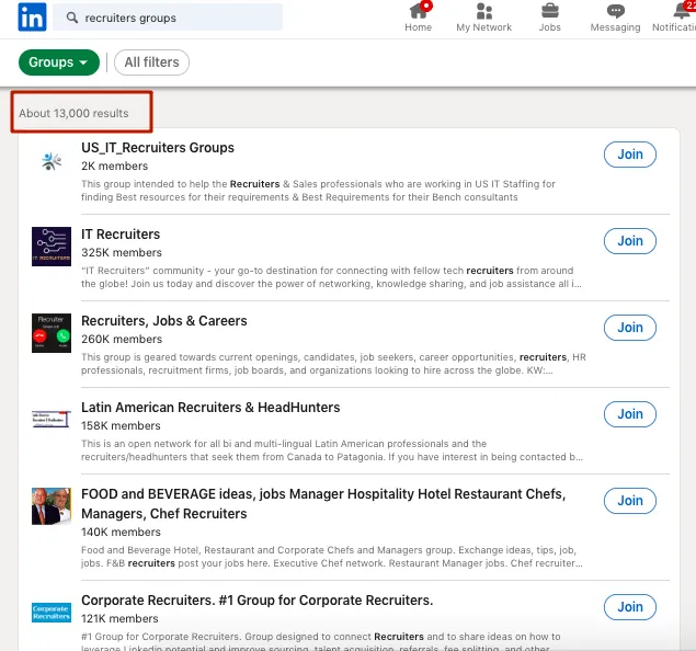 Capture d’écran d’une recherche LinkedIn visant à trouver des groupes