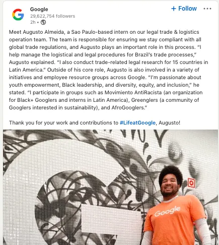 Capture d’écran d’une publication sur la Page LinkedIn de Google dans laquelle un collaborateur raconte son histoire.
