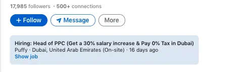 Capture d’écran du profil LinkedIn d’un recruteur qui y présente une offre d’emploi.