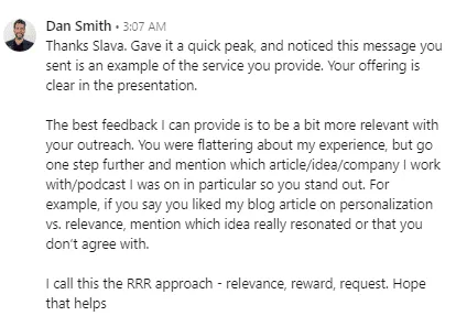 Screenshot einer Antwortnachricht auf LinkedIn