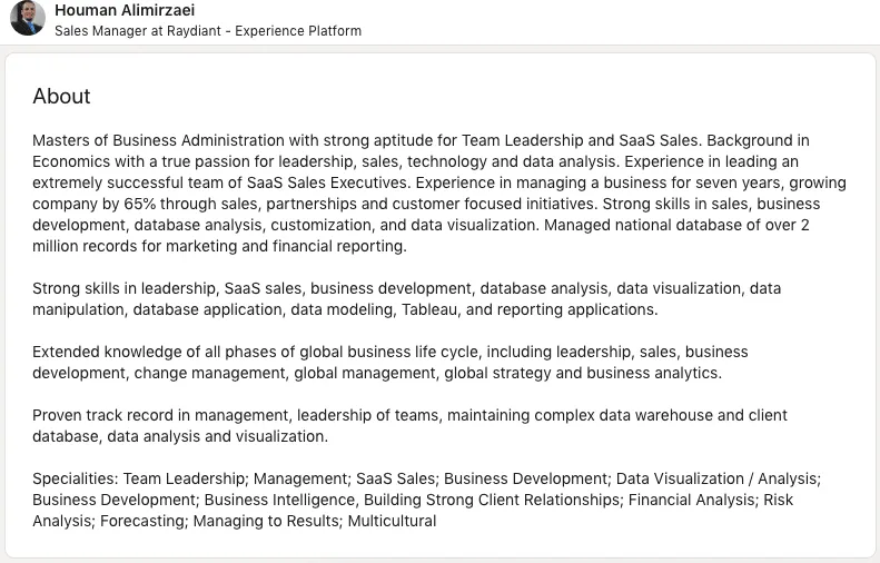 LinkedIn-Beschreibung eines Vertriebsmanagers mit MBA