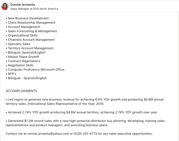 LinkedIn-Infobereich für den Vertrieb