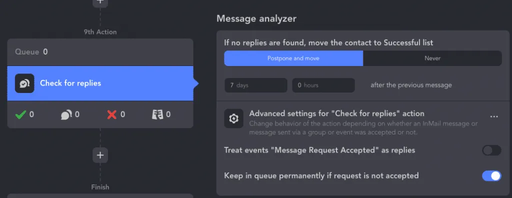 Aktion „Check for replies“ im LinkedIn-Vertrieb